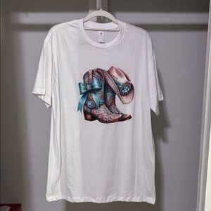 White Graphic Tee with Turquoise Western Boots & Hat